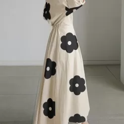 Long Sleeves Loose Contrast Color Floral Printed Pleated Tied Waist Lapel Shirt Dress