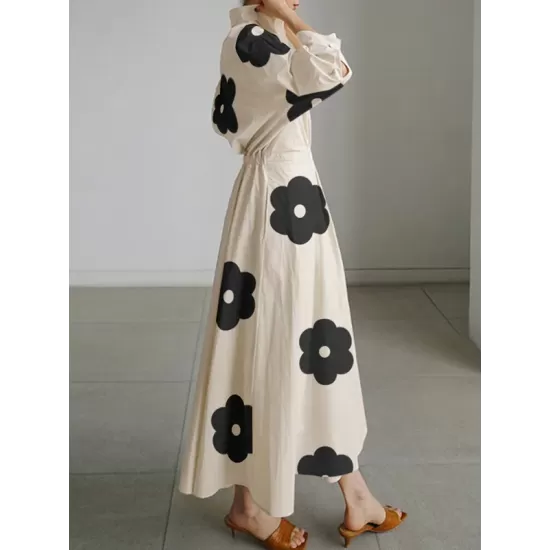 Long Sleeves Loose Contrast Color Floral Printed Pleated Tied Waist Lapel Shirt Dress Long Sleeves Loose Contrast Color Floral Printed Pleated Tied Waist Lapel Shirt Dress