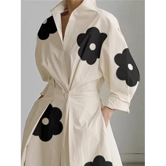 Long Sleeves Loose Contrast Color Floral Printed Pleated Tied Waist Lapel Shirt Dress Long Sleeves Loose Contrast Color Floral Printed Pleated Tied Waist Lapel Shirt Dress