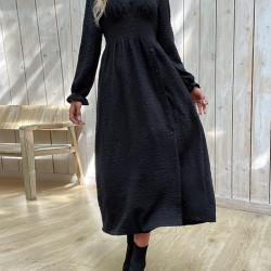 Buttoned Elasticity Solid Color Split-Side A-Line Long Sleeves V-Neck Midi Dresses