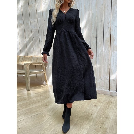 Buttoned Elasticity Solid Color Split-Side A-Line Long Sleeves V-Neck Midi Dresses Buttoned Elasticity Solid Color Split-Side A-Line Long Sleeves V-Neck Midi Dresses