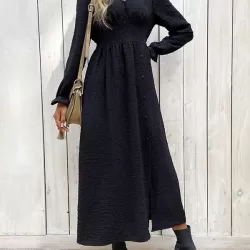 Buttoned Elasticity Solid Color Split-Side A-Line Long Sleeves V-Neck Midi Dresses