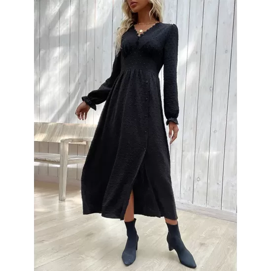 Buttoned Elasticity Solid Color Split-Side A-Line Long Sleeves V-Neck Midi Dresses Buttoned Elasticity Solid Color Split-Side A-Line Long Sleeves V-Neck Midi Dresses