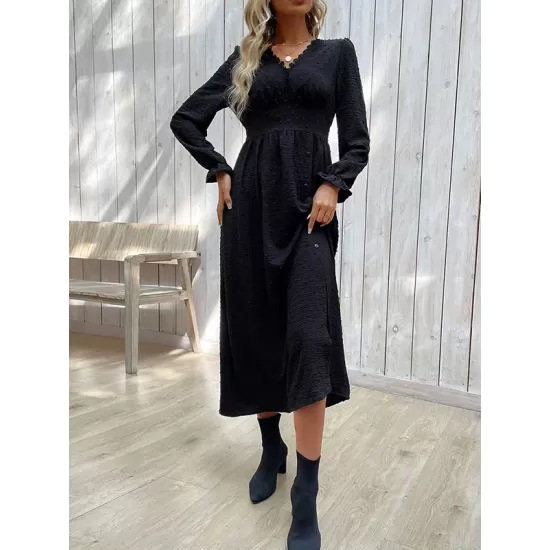 Buttoned Elasticity Solid Color Split-Side A-Line Long Sleeves V-Neck Midi Dresses Buttoned Elasticity Solid Color Split-Side A-Line Long Sleeves V-Neck Midi Dresses