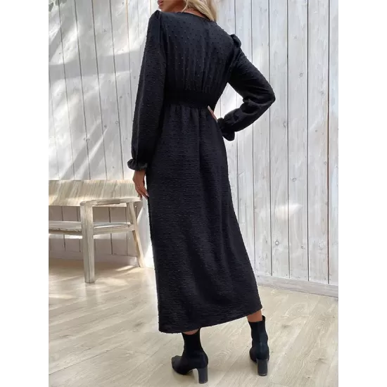 Buttoned Elasticity Solid Color Split-Side A-Line Long Sleeves V-Neck Midi Dresses Buttoned Elasticity Solid Color Split-Side A-Line Long Sleeves V-Neck Midi Dresses