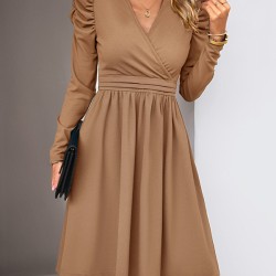 Pleated Solid Color Split-Joint Puff Sleeves Skinny V-Neck Midi Dresses