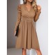Pleated Solid Color Split-Joint Puff Sleeves Skinny V-Neck Midi Dresses Pleated Solid Color Split-Joint Puff Sleeves Skinny V-Neck Midi Dresses