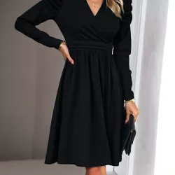 Pleated Solid Color Split-Joint Puff Sleeves Skinny V-Neck Midi Dresses