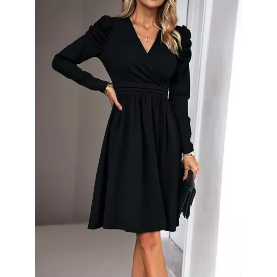 Pleated Solid Color Split-Joint Puff Sleeves Skinny V-Neck Midi Dresses Pleated Solid Color Split-Joint Puff Sleeves Skinny V-Neck Midi Dresses