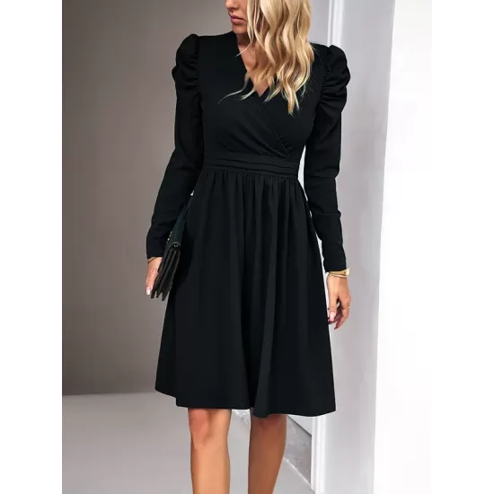 Pleated Solid Color Split-Joint Puff Sleeves Skinny V-Neck Midi Dresses Pleated Solid Color Split-Joint Puff Sleeves Skinny V-Neck Midi Dresses