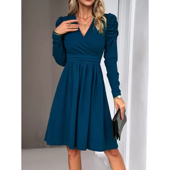 Pleated Solid Color Split-Joint Puff Sleeves Skinny V-Neck Midi Dresses Pleated Solid Color Split-Joint Puff Sleeves Skinny V-Neck Midi Dresses