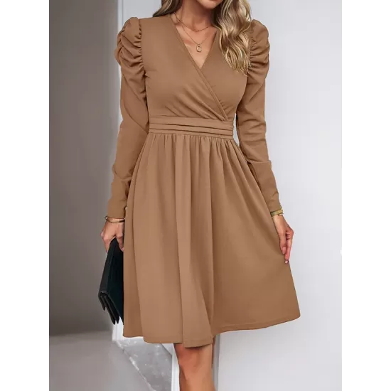 Pleated Solid Color Split-Joint Puff Sleeves Skinny V-Neck Midi Dresses Pleated Solid Color Split-Joint Puff Sleeves Skinny V-Neck Midi Dresses
