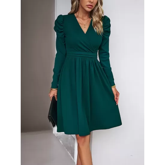 Pleated Solid Color Split-Joint Puff Sleeves Skinny V-Neck Midi Dresses Pleated Solid Color Split-Joint Puff Sleeves Skinny V-Neck Midi Dresses