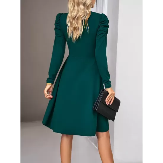 Pleated Solid Color Split-Joint Puff Sleeves Skinny V-Neck Midi Dresses Pleated Solid Color Split-Joint Puff Sleeves Skinny V-Neck Midi Dresses