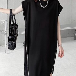 Loose Short Sleeves Asymmetric Zipper Round-Neck Dresses Midi Dresses