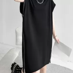 Loose Short Sleeves Asymmetric Zipper Round-Neck Dresses Midi Dresses