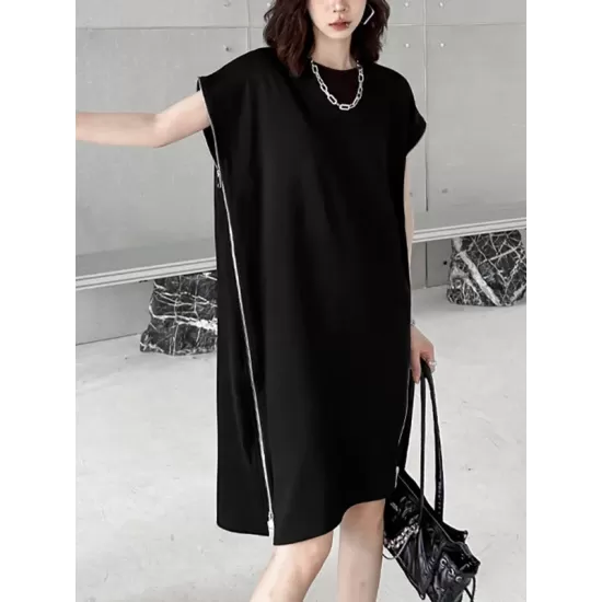 Loose Short Sleeves Asymmetric Zipper Round-Neck Dresses Midi Dresses Loose Short Sleeves Asymmetric Zipper Round-Neck Dresses Midi Dresses