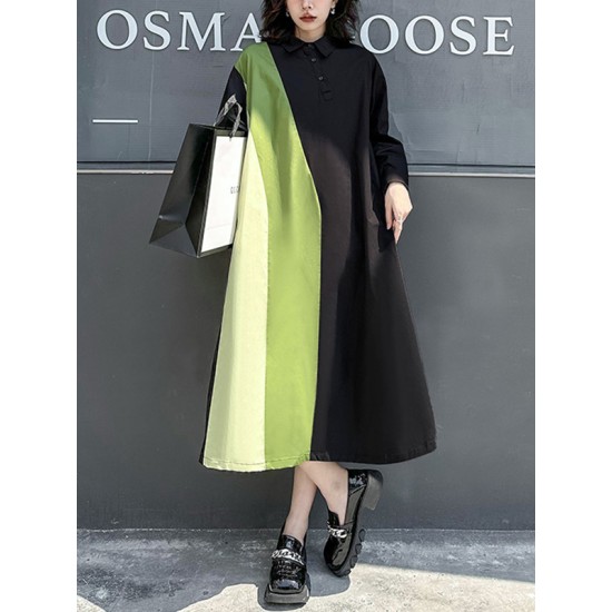Long Sleeves Loose Asymmetric Buttoned Contrast Color Split-Joint Lapel Midi Dresses Shirt Dress Long Sleeves Loose Asymmetric Buttoned Contrast Color Split-Joint Lapel Midi Dresses Shirt Dress