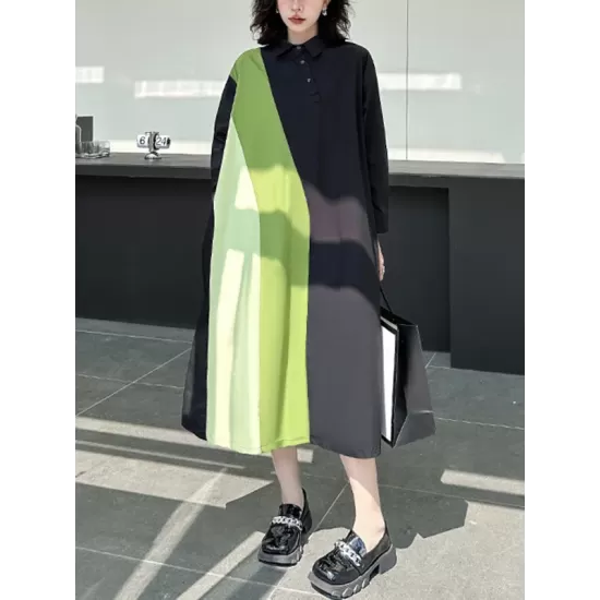 Long Sleeves Loose Asymmetric Buttoned Contrast Color Split-Joint Lapel Midi Dresses Shirt Dress Long Sleeves Loose Asymmetric Buttoned Contrast Color Split-Joint Lapel Midi Dresses Shirt Dress