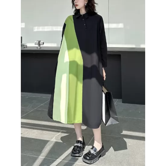 Long Sleeves Loose Asymmetric Buttoned Contrast Color Split-Joint Lapel Midi Dresses Shirt Dress Long Sleeves Loose Asymmetric Buttoned Contrast Color Split-Joint Lapel Midi Dresses Shirt Dress