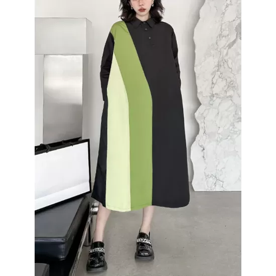 Long Sleeves Loose Asymmetric Buttoned Contrast Color Split-Joint Lapel Midi Dresses Shirt Dress Long Sleeves Loose Asymmetric Buttoned Contrast Color Split-Joint Lapel Midi Dresses Shirt Dress