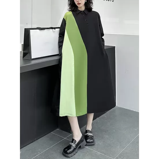Long Sleeves Loose Asymmetric Buttoned Contrast Color Split-Joint Lapel Midi Dresses Shirt Dress Long Sleeves Loose Asymmetric Buttoned Contrast Color Split-Joint Lapel Midi Dresses Shirt Dress