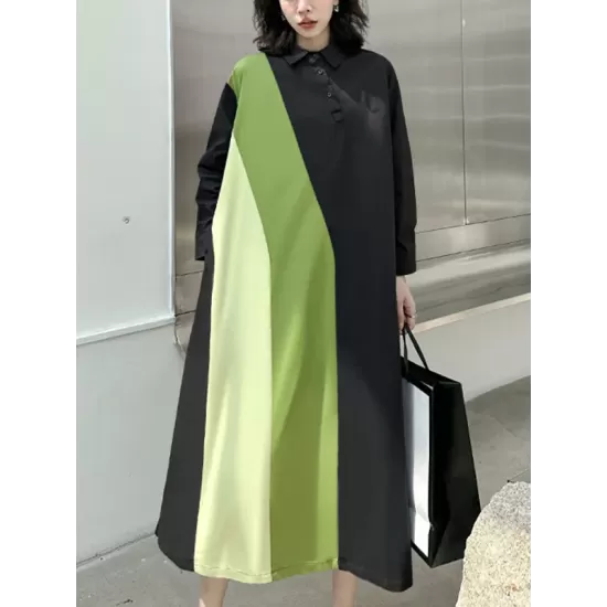 Long Sleeves Loose Asymmetric Buttoned Contrast Color Split-Joint Lapel Midi Dresses Shirt Dress Long Sleeves Loose Asymmetric Buttoned Contrast Color Split-Joint Lapel Midi Dresses Shirt Dress