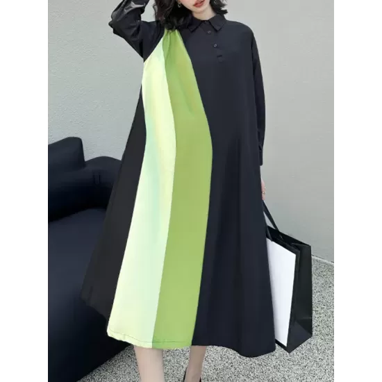 Long Sleeves Loose Asymmetric Buttoned Contrast Color Split-Joint Lapel Midi Dresses Shirt Dress Long Sleeves Loose Asymmetric Buttoned Contrast Color Split-Joint Lapel Midi Dresses Shirt Dress