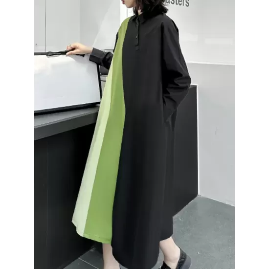 Long Sleeves Loose Asymmetric Buttoned Contrast Color Split-Joint Lapel Midi Dresses Shirt Dress Long Sleeves Loose Asymmetric Buttoned Contrast Color Split-Joint Lapel Midi Dresses Shirt Dress