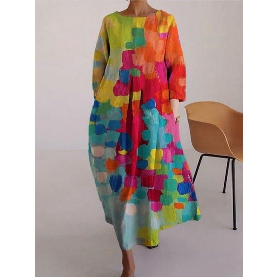 Loose Colorful Contrast Color Printed Round-Neck Midi Dresses Loose Colorful Contrast Color Printed Round-Neck Midi Dresses
