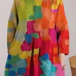Loose Colorful Contrast Color Printed Round-Neck Midi Dresses