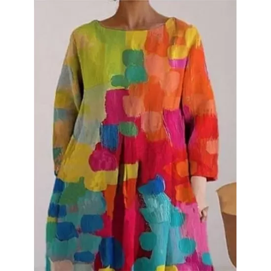 Loose Colorful Contrast Color Printed Round-Neck Midi Dresses Loose Colorful Contrast Color Printed Round-Neck Midi Dresses