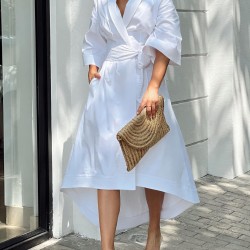 High-Low Loose Solid Color V-Neck Maxi Dresses Midi Dresses