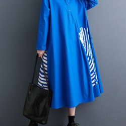 Asymmetric Buttoned Pleated Printed Split-Joint A-Line Long Sleeves Lapel Shirt Dress Midi Dresses