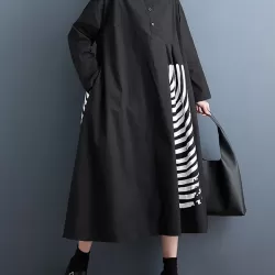Asymmetric Buttoned Pleated Printed Split-Joint A-Line Long Sleeves Lapel Shirt Dress Midi Dresses