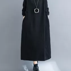 Solid Color A-Line Long Sleeves Mock Neck Midi Dresses