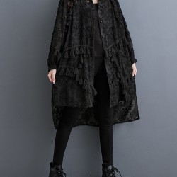 Buttoned Flower Print Solid Color Split-Joint Split-side Tasseled A-line High-low Lapel Midi Dresses