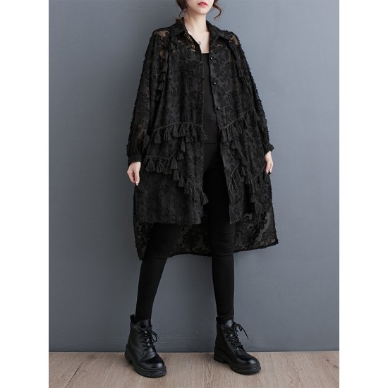 Buttoned Flower Print Solid Color Split-Joint Split-side Tasseled A-line High-low Lapel Midi Dresses Buttoned Flower Print Solid Color Split-Joint Split-side Tasseled A-line High-low Lapel Midi Dresses