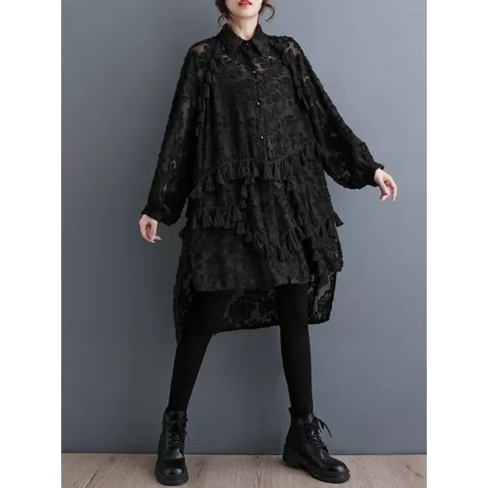 Buttoned Flower Print Solid Color Split-Joint Split-side Tasseled A-line High-low Lapel Midi Dresses Buttoned Flower Print Solid Color Split-Joint Split-side Tasseled A-line High-low Lapel Midi Dresses