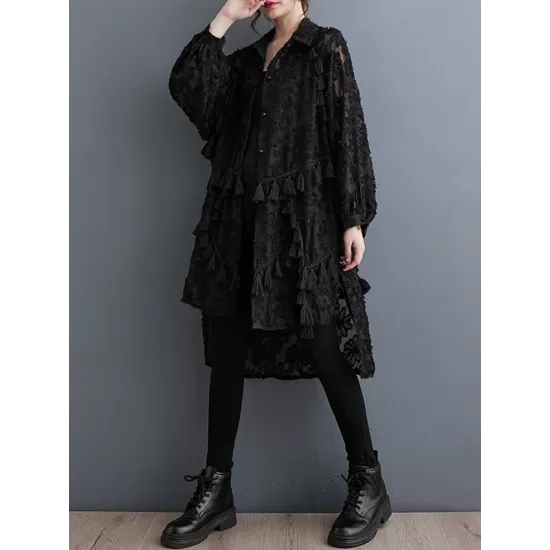 Buttoned Flower Print Solid Color Split-Joint Split-side Tasseled A-line High-low Lapel Midi Dresses Buttoned Flower Print Solid Color Split-Joint Split-side Tasseled A-line High-low Lapel Midi Dresses