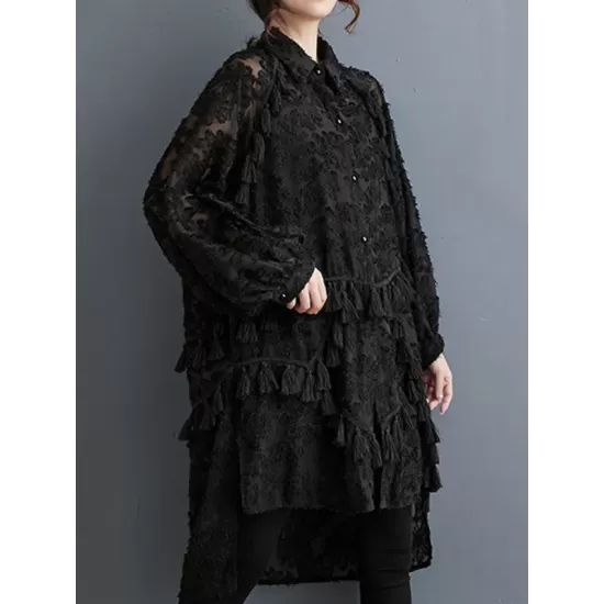 Buttoned Flower Print Solid Color Split-Joint Split-side Tasseled A-line High-low Lapel Midi Dresses Buttoned Flower Print Solid Color Split-Joint Split-side Tasseled A-line High-low Lapel Midi Dresses