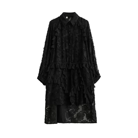Buttoned Flower Print Solid Color Split-Joint Split-side Tasseled A-line High-low Lapel Midi Dresses Buttoned Flower Print Solid Color Split-Joint Split-side Tasseled A-line High-low Lapel Midi Dresses