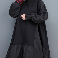 Pleated Solid Color Split-Joint Loose Puff Sleeves Round-neck Midi Dresses