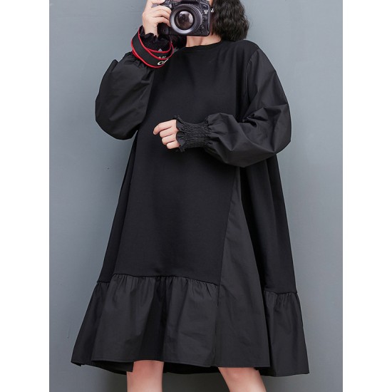 Pleated Solid Color Split-Joint Loose Puff Sleeves Round-neck Midi Dresses Pleated Solid Color Split-Joint Loose Puff Sleeves Round-neck Midi Dresses