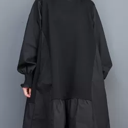 Pleated Solid Color Split-Joint Loose Puff Sleeves Round-neck Midi Dresses