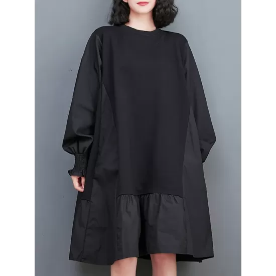 Pleated Solid Color Split-Joint Loose Puff Sleeves Round-neck Midi Dresses Pleated Solid Color Split-Joint Loose Puff Sleeves Round-neck Midi Dresses