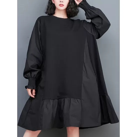 Pleated Solid Color Split-Joint Loose Puff Sleeves Round-neck Midi Dresses Pleated Solid Color Split-Joint Loose Puff Sleeves Round-neck Midi Dresses