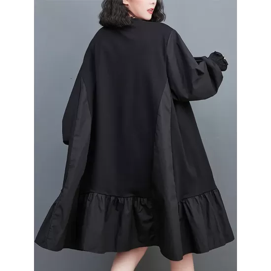 Pleated Solid Color Split-Joint Loose Puff Sleeves Round-neck Midi Dresses Pleated Solid Color Split-Joint Loose Puff Sleeves Round-neck Midi Dresses