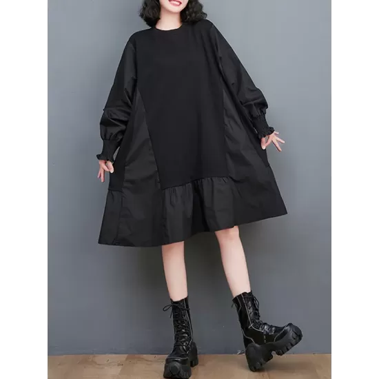 Pleated Solid Color Split-Joint Loose Puff Sleeves Round-neck Midi Dresses Pleated Solid Color Split-Joint Loose Puff Sleeves Round-neck Midi Dresses