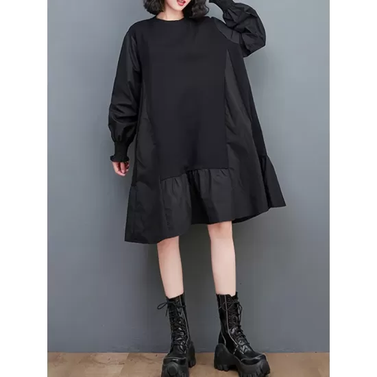 Pleated Solid Color Split-Joint Loose Puff Sleeves Round-neck Midi Dresses Pleated Solid Color Split-Joint Loose Puff Sleeves Round-neck Midi Dresses